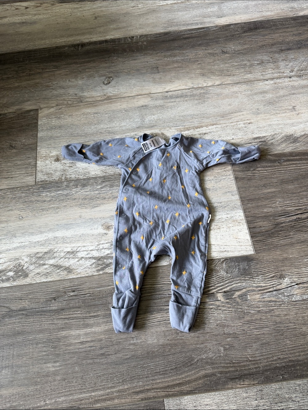 Bonds Grey Baby One-Piece Footed Romper with Yellow Star Print